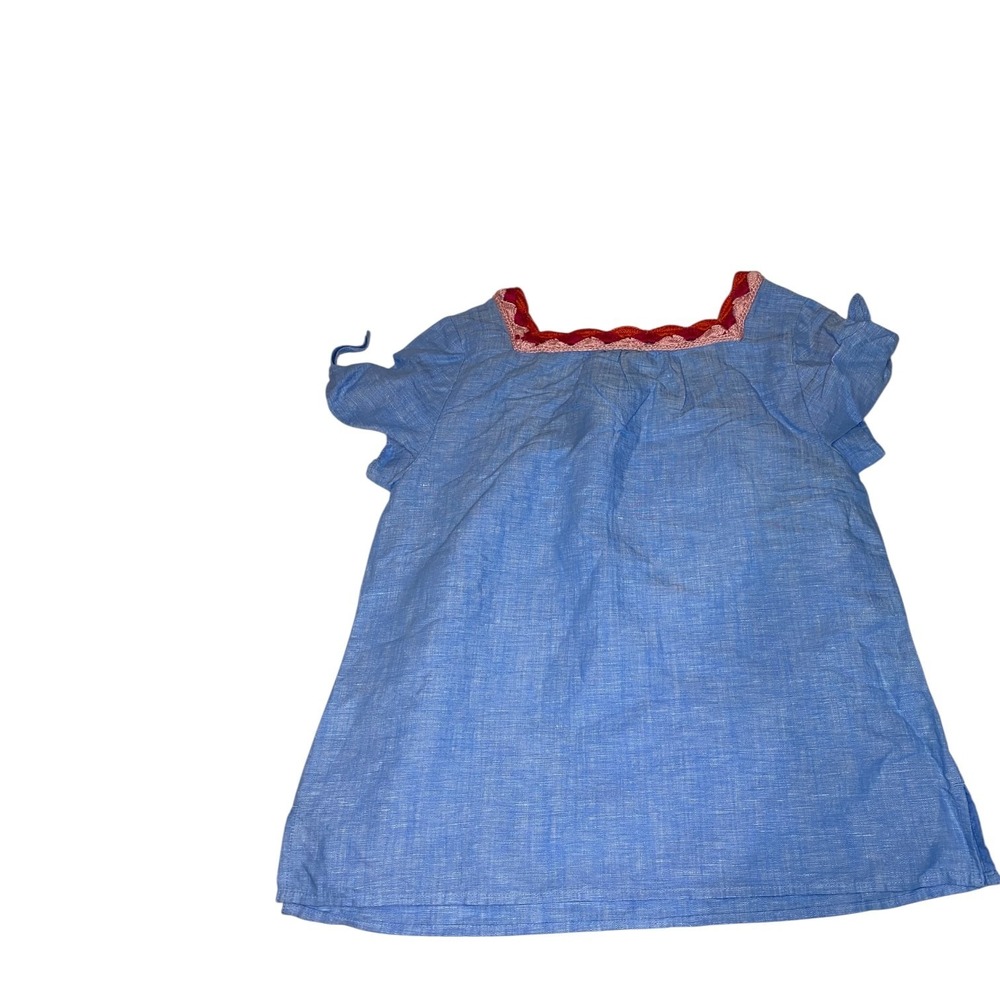 Talbots Size M Blue Chambray SSleeve Square Neck Embroidered Top Blouse Lin/Cot - Picture 2 of 3